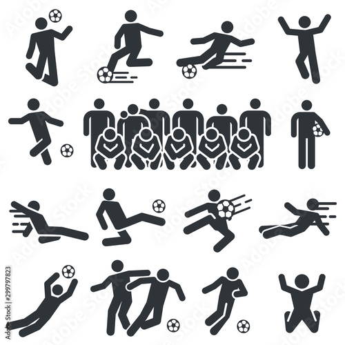 Silhouette football and soccer action shots vector icon set. Team players photo.