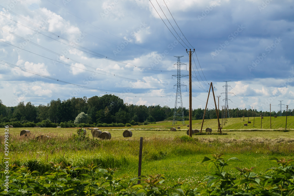 Fototapeta premium Rural landscape in summer. Rolls of freshly cut straw. Power transmission towers.