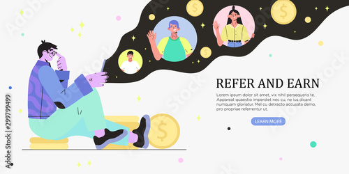Refer a friend or refer and earn vector flat illustration with a man sitting and holding a phone with his friends accounts. Referral marketing strategy banner, landing page, ui, poster, banner, flyer.