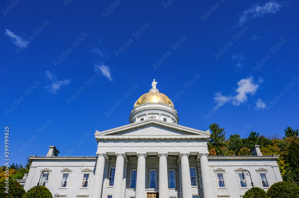 Detailed architecture of the large State House seen in Vermont, used as a government office as seen in early Autumn.