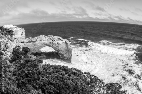 Black and white seaside view from Great ocean road, Natural Arch in Port Campbell National Park, Victoria, Australia