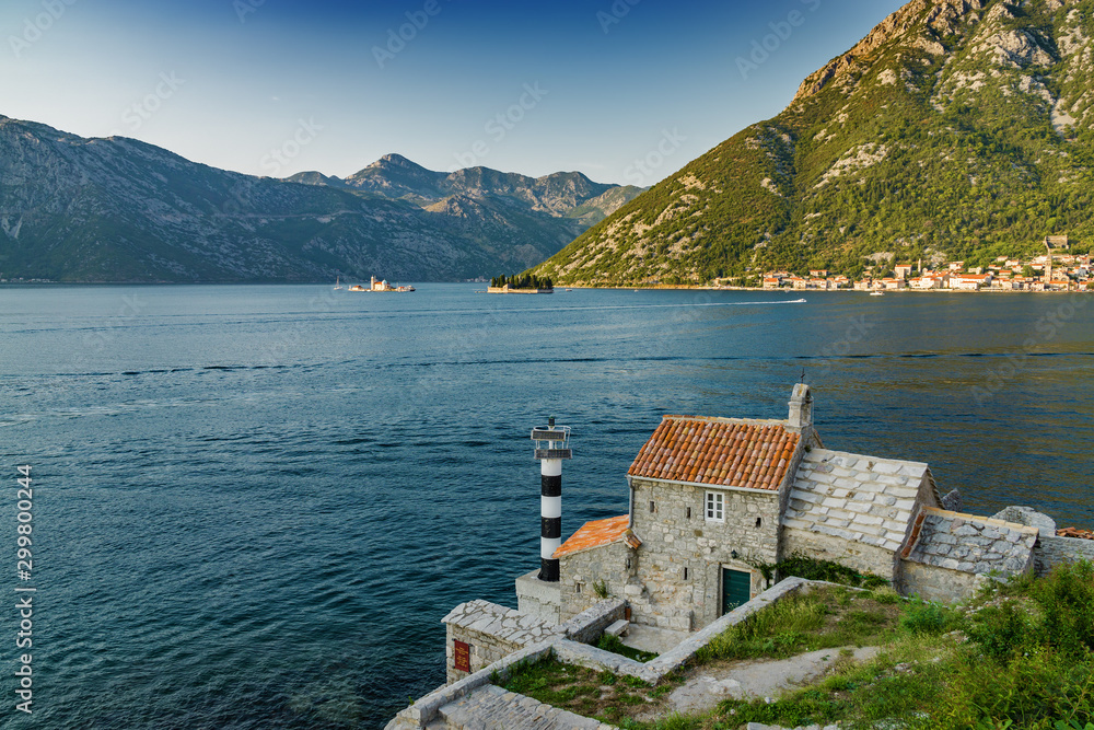 Sunset view of islands of Saint George and Our Lady of the rocks in bay of Kotor, Montenegro.