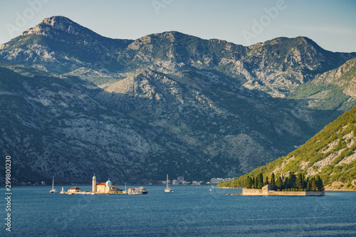Sunset view of islands of Saint George and Our Lady of the rocks in bay of Kotor, Montenegro.