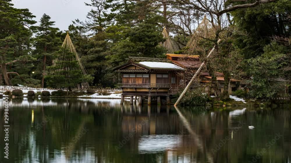 Timelapse of Tea House over Pond at Japanese Garden in Kanazawa, Japan Timelapse of Tea House over Pond at Japanese Garden in Kanazawa, Japan