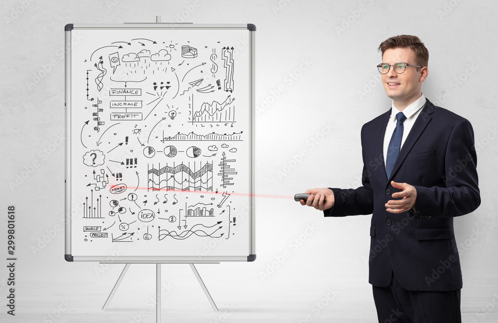 Professor with laser pointer teaching business theories Professor with laser pointer teaching business theories