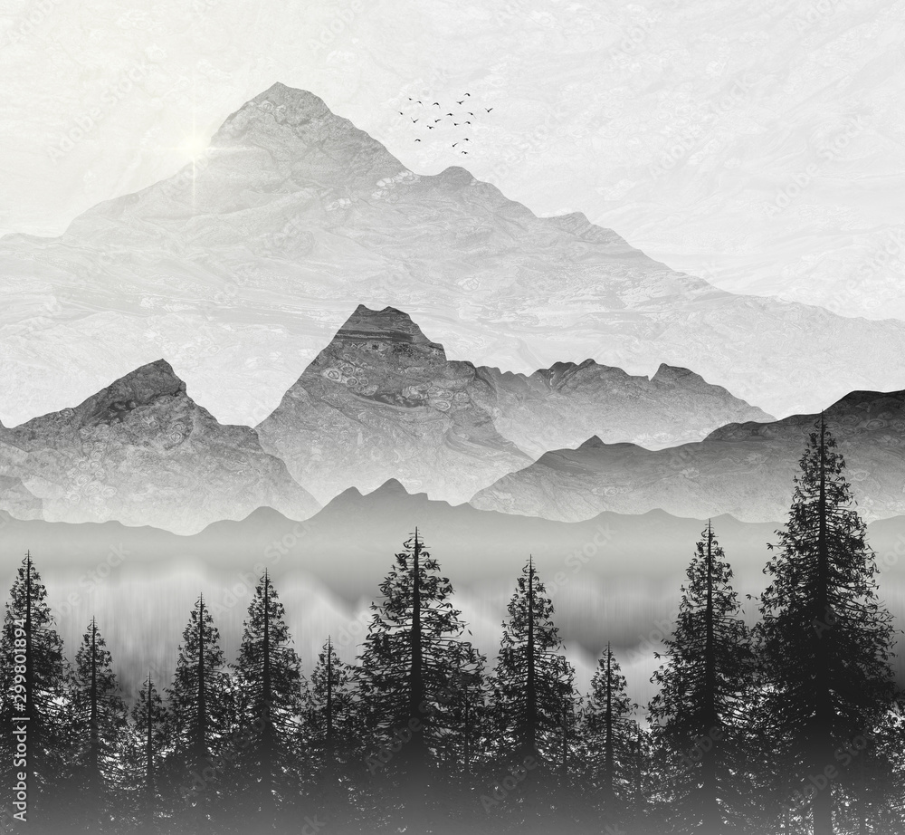 Fototapeta Mountain region illustration, with fir trees and setting sun.