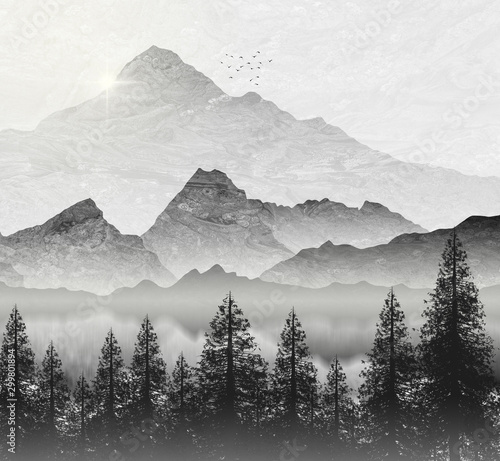 Mountain region illustration, with fir trees and setting sun.