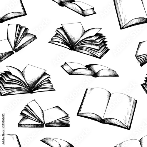 Books sketch seamless pattern. Literature background black and white