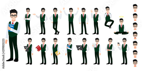 University student cartoon character set. Handsome boy in student uniform style smart shirt. Vector illustration
