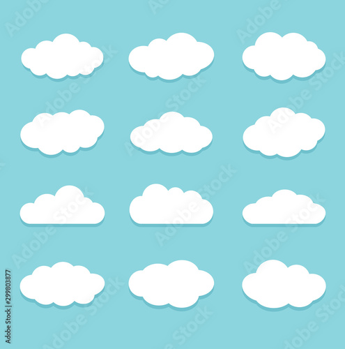 Collection of cloud icons. Isolated on light blue background. Flat style vector illustration.