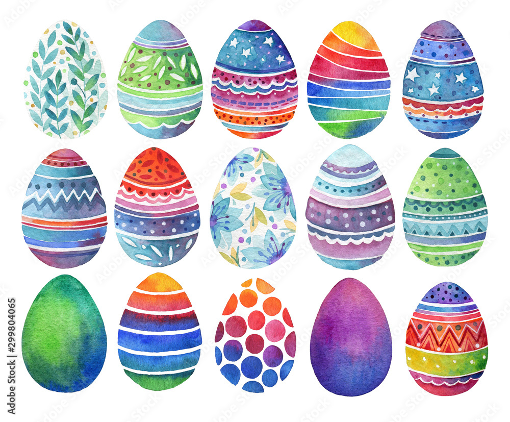 Set of easter eggs, floral and geometric ornament. Watercolor. Set of easter eggs, floral and geometric ornament. Watercolor.