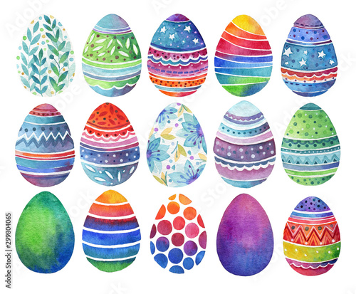 Photography Set of easter eggs, floral and geometric ornament. Watercolor.