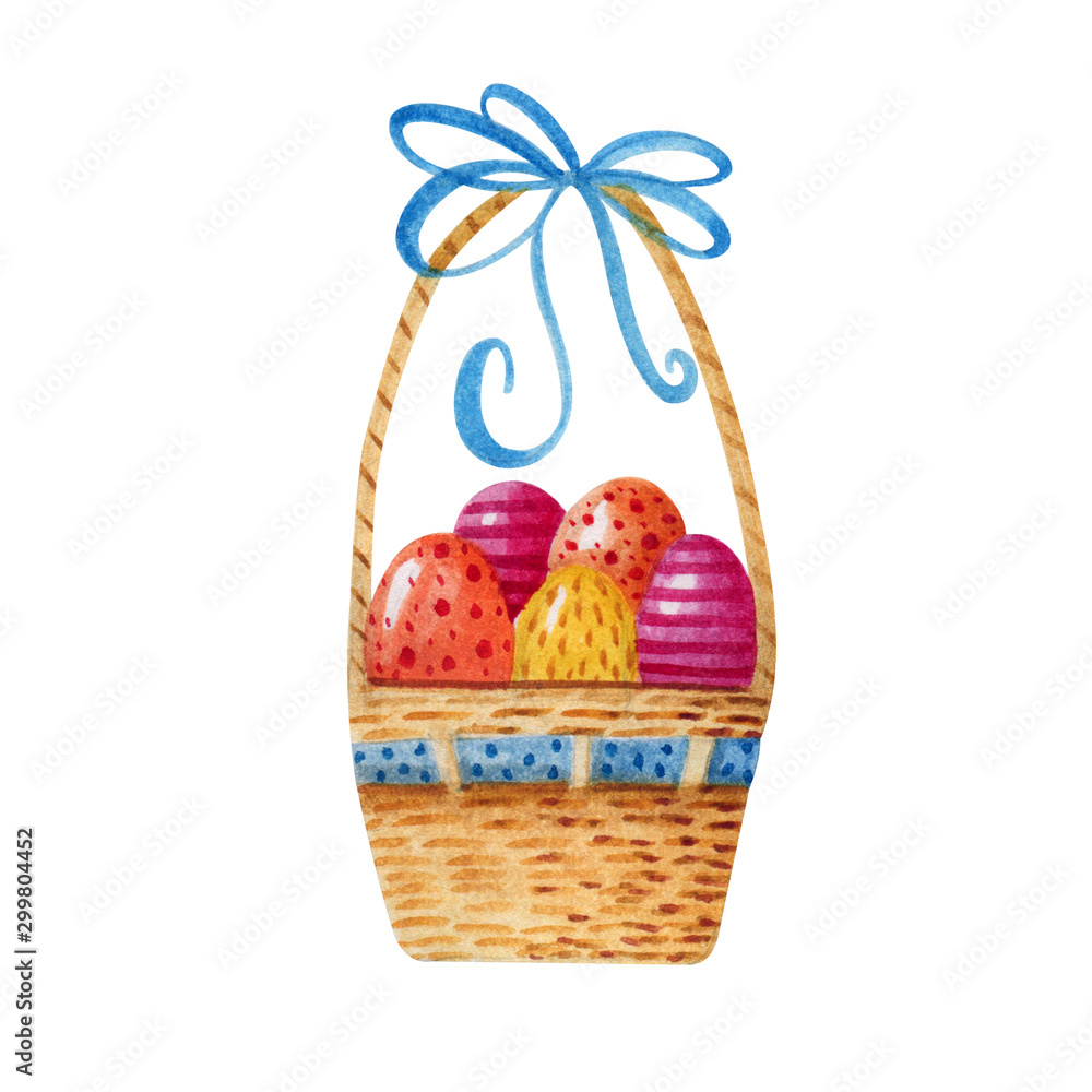 A wicker basket with Easter eggs decorated with a bow. Watercolor.