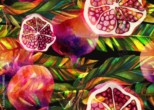Seamless watercolor pattern of large leaves and ripe pomegranate fruits.