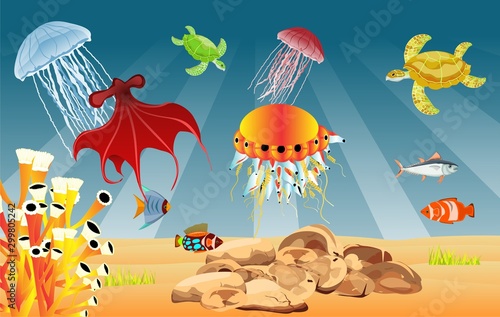  coral reef and fishes on a blue sea deep  diver  Underwater marine life. Vector panoramic illustration.