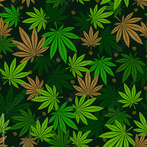 Seamless pattern of marijuana leaf and  seeds.
