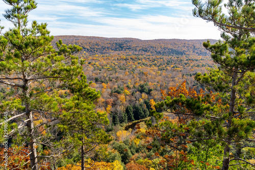 Fall colors as far as the eye can see in the Porcupine Mountains wilderness State Park in Michigan at Lake of the Clouds