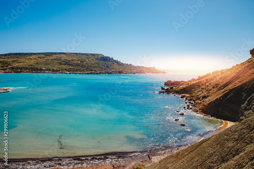 Golden Bay Malta summer tourist resort beach azure water sea  . Concept travel