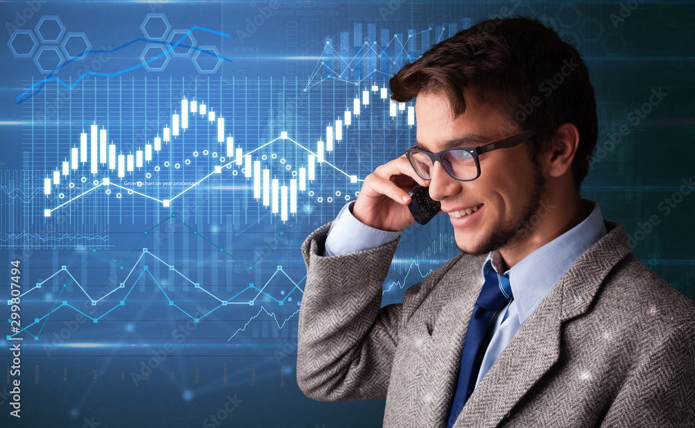 Young person talking on the phone with diagrams on the background Young person talking on the phone with diagrams on the background