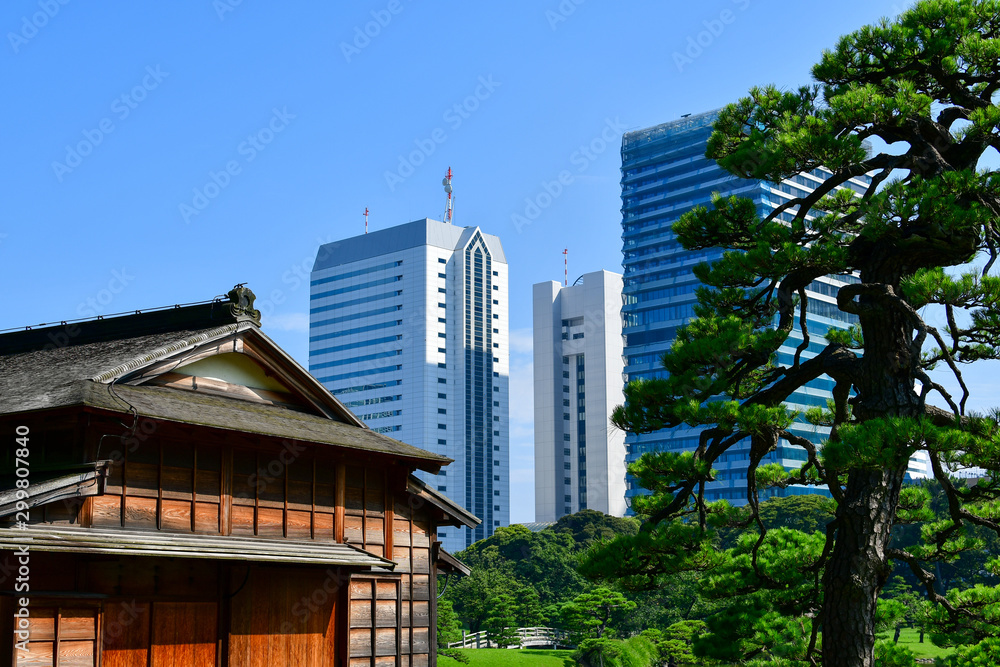 Fototapeta premium Traditional tea house with city skyline in background, Hamarikyu Gardens, Chuo City, Tokyo, Honshu, Japan