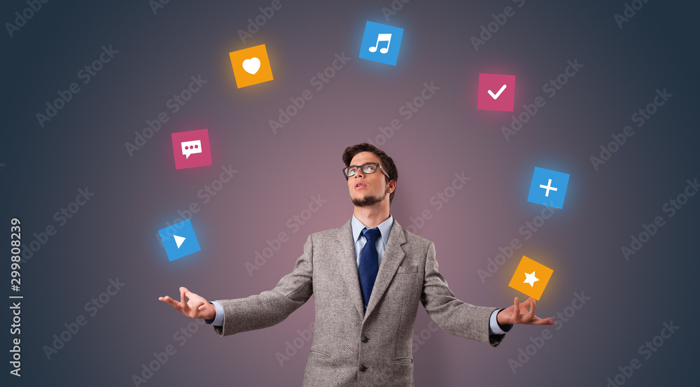 Young person juggle with application icons Young person juggle with application icons