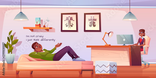 Patient in psychologist, psychotherapist office. Man lying on couch talking to woman practitioner sitting at table in cabinet. Psychiatrist session in mental health clinic. Cartoon vector illustration
