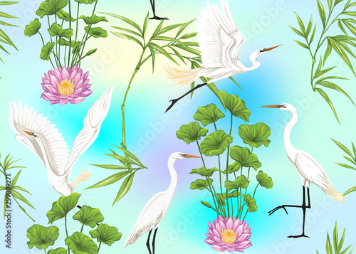 Seamless pattern, background with tropical plants, flowers and birds. Colored vector illustration. In light ultra violet pastel colors on mesh pink, blue background