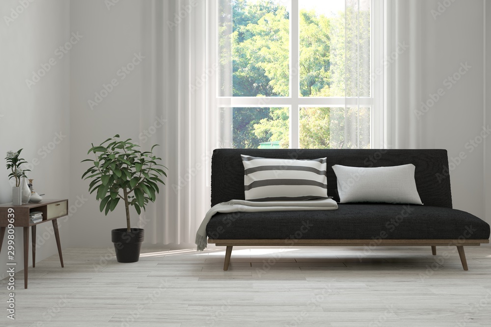 Fototapeta premium Stylish room in white color with sofa and summer landscape in window. Scandinavian interior design. 3D illustration