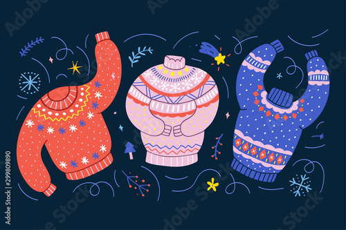 Colorful sweaters decorated with christmas ornaments. Traditional christmas ugly sweaters with embroidery. Cute hand drawn cartoon style, colorful vector illustration. Good as banner, greeting card.