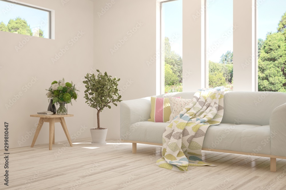 Stylish room in white color with sofa and summer landscape in window. Scandinavian interior design. 3D illustration Stylish room in white color with sofa and summer landscape in window. Scandinavian interior design. 3D illustration