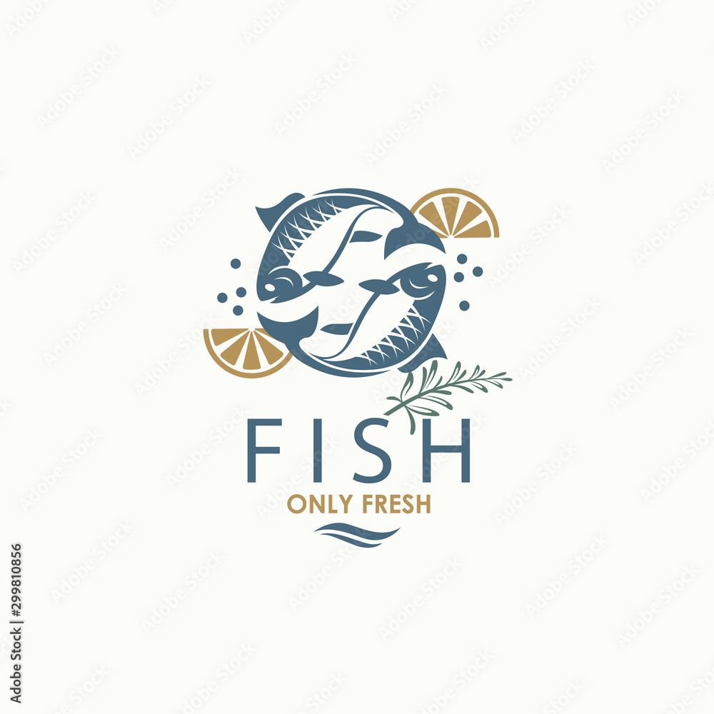 seafood menu design with fish and lemon isolated