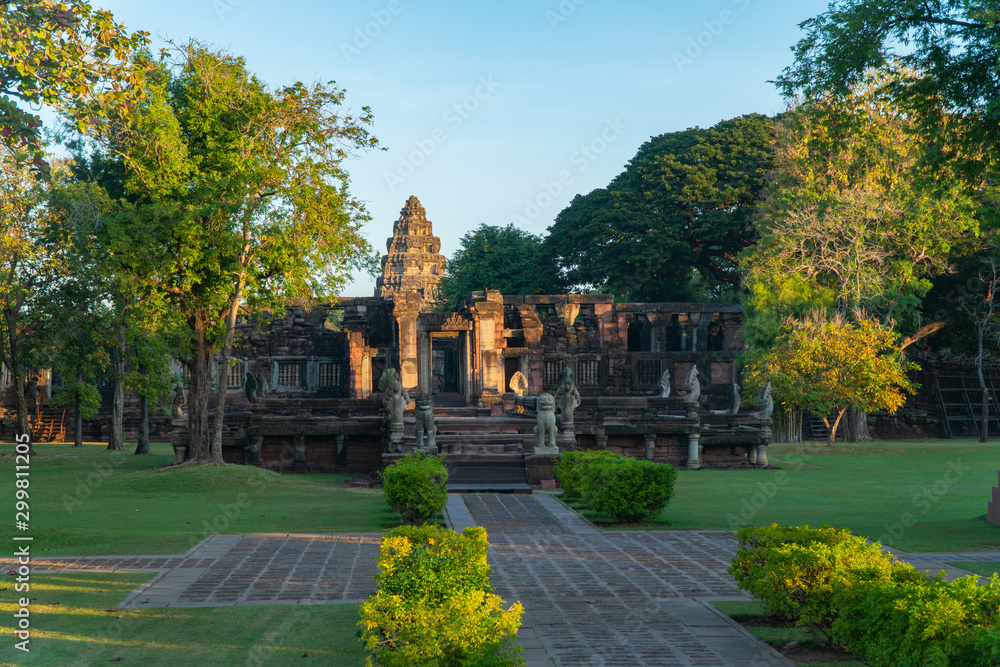 .The beautiful stone castle in Phimai historical park. Prasat Hin Phimai ancient Khmer Temple in Nakhon Ratchasima Thailand. .Phimai stone castle built from laterite stone in Angkorian period arts