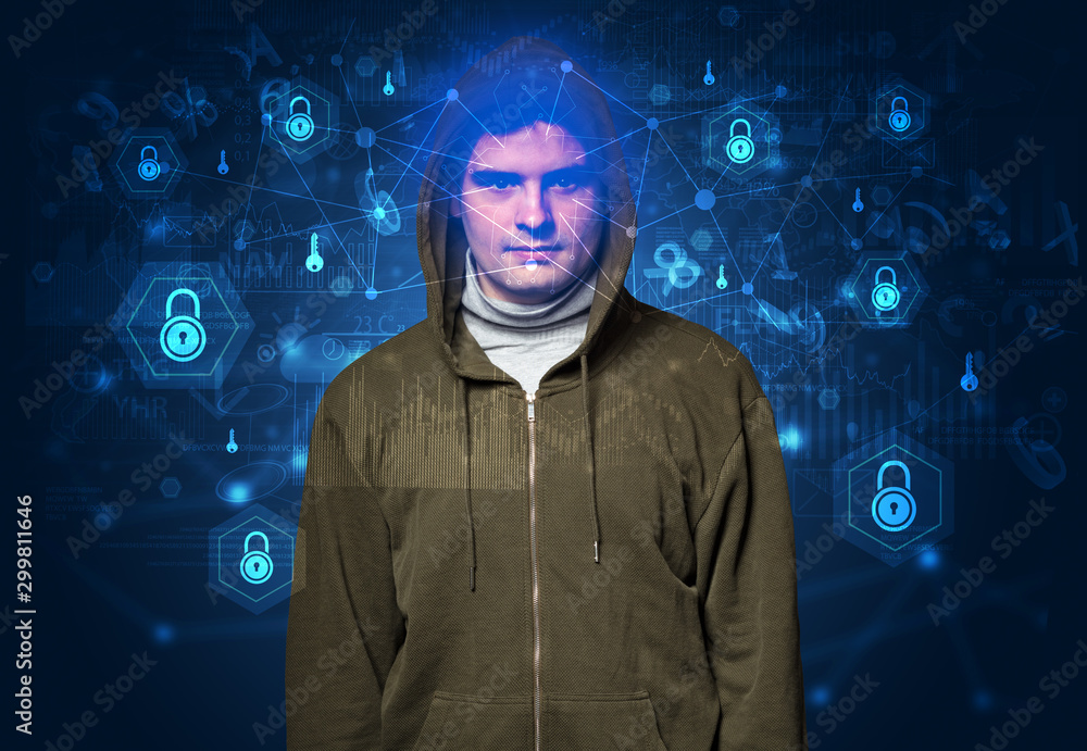 Facial security recognition concept with mesh and locks Facial security recognition concept with mesh and locks