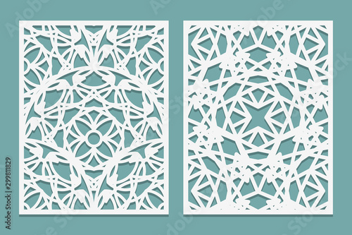 Set decorative panel laser cutting. Wooden or paper screen for lazer. Islamic style geometric abstract pattern.