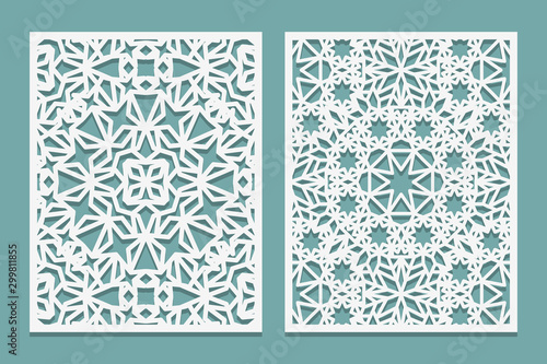 Laser cutting set Islamic style. Woodcut trellis panel. Plywood laser cut eastern design. Pattern for printing, engraving, paper cutting. Stencil lattice ornament.