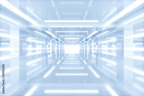 Empty bright room with glowing lines, 3d rendering.