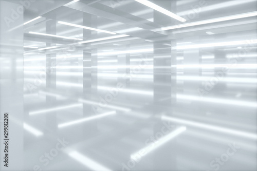 Empty bright room with glowing lines, 3d rendering.