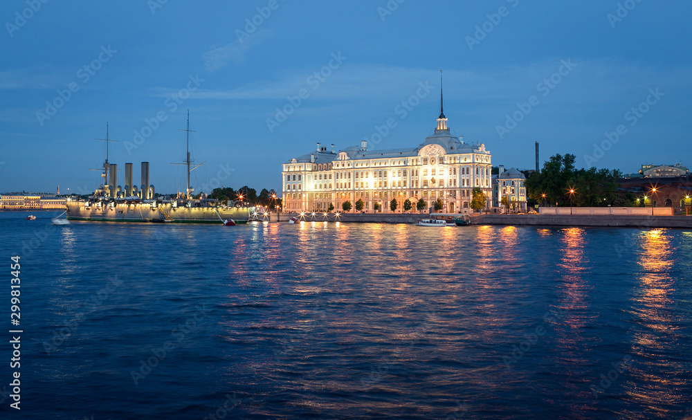 The cruiser Aurora - a symbol of the October Revolution of 1917 in Russia, moored at the Petrograd embankment in St. Petersburg. Shooting in the white nights The cruiser Aurora - a symbol of the October Revolution of 1917 in Russia, moored at the Petrograd embankment in St. Petersburg. Shooting in the white nights