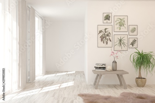 Empty room in white color with table and pictures on a wall. Scandinavian interior design. 3D illustration