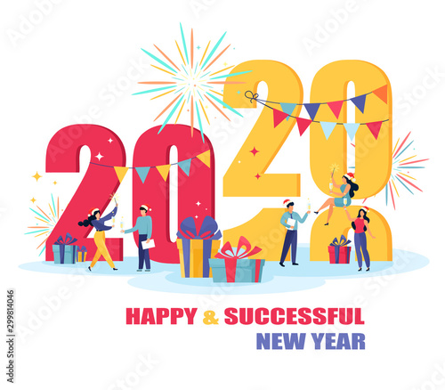 2020 Happy New Year business card. Vector illustration with little people getting ready for a party. Happy team celebrating a holiday raising toasts with champagne. Happy & successful new year.