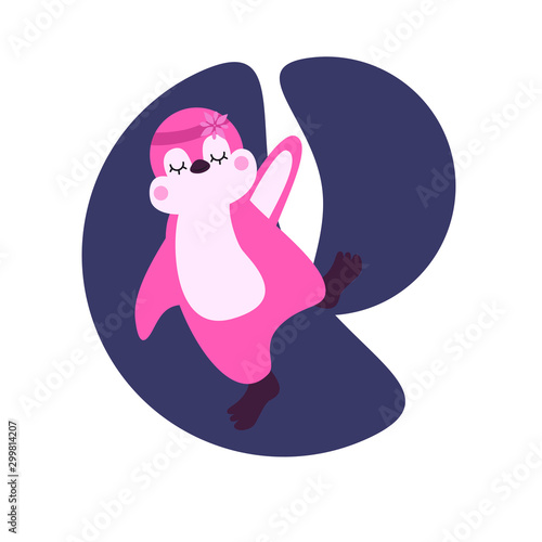 ector flat illustration with cute pink penguin girl. Happy kawaii cartoon penguin waving paw. Greeting card.