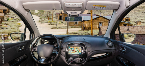 Car windshield with view of ghost town Bodie, California, USA