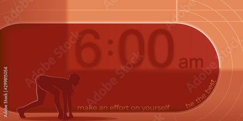 Motivational illustration on the theme of a person’s effort over himself. Make an effort to achieve a goal. Sports theme. Girl in starting position for a morning run. Stadium, morning, appeal, slogan.