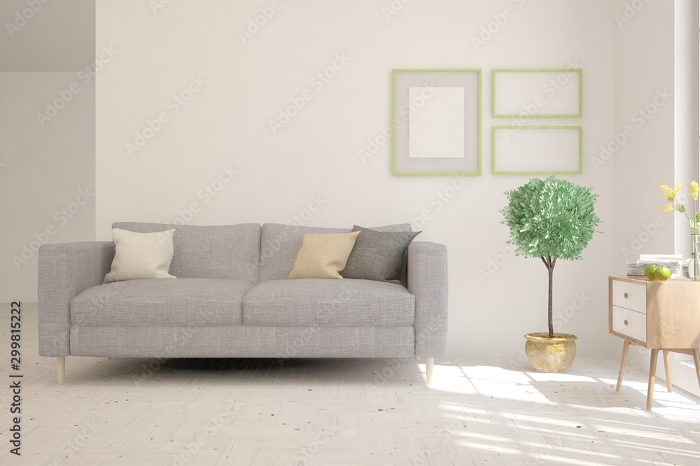 Fototapeta premium Stylish room in white color with sofa. Scandinavian interior design. 3D illustration
