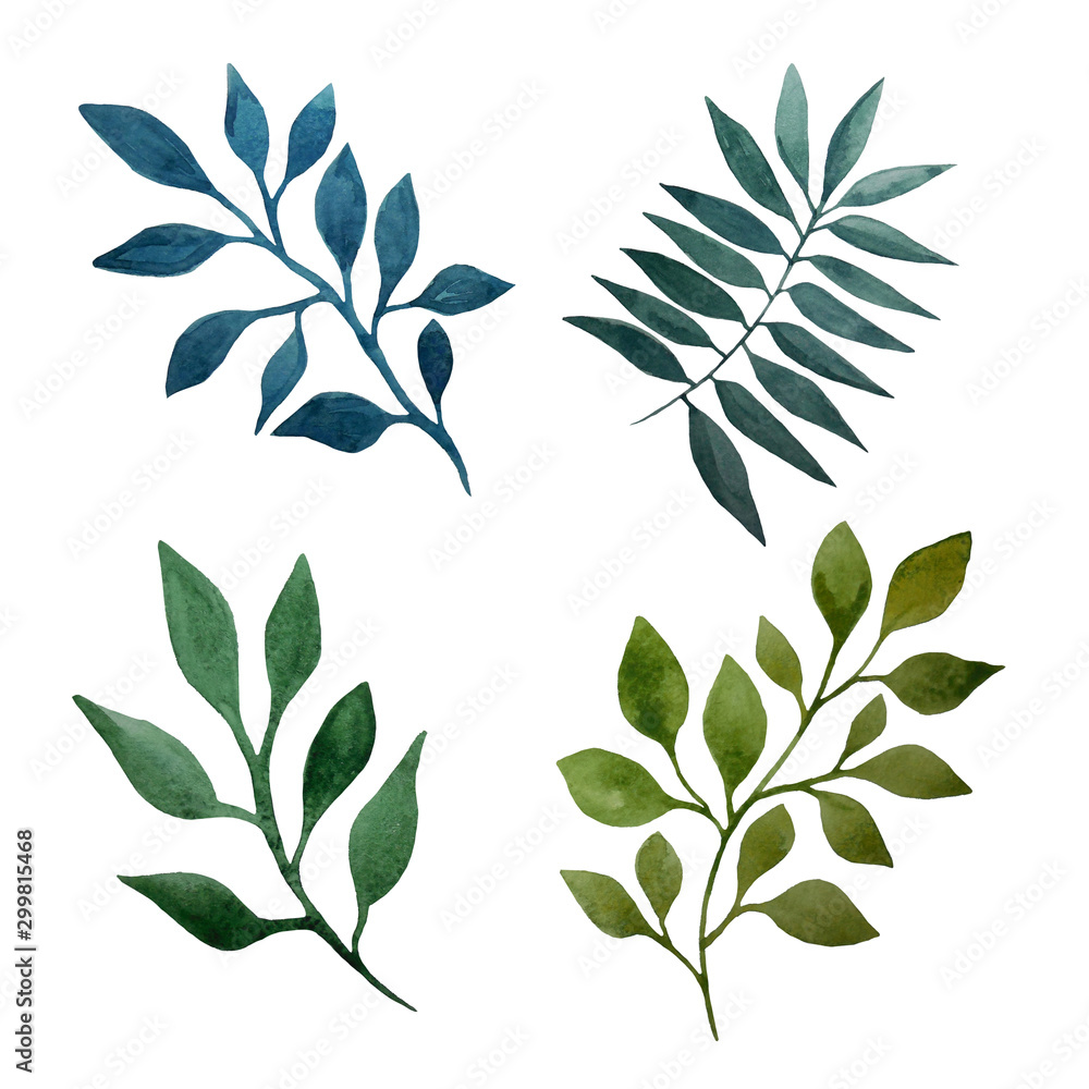 Fototapeta premium Set of colorful branches with leaves. Watercolor botanical illustration. Isolated on white background.
