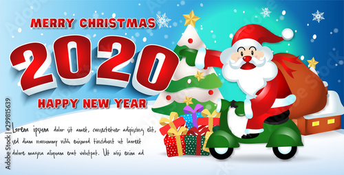 Merry christmas and Happy new year 2020 with santa claus cute cartoon.for Christmas and New Year background.vector illustration