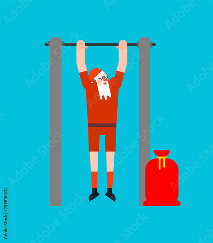 Santa on horizontal bar. Pull up granddad street workout. Old man Sport. Xmas Fitness for seniors. Christmas and New Year vector illustration