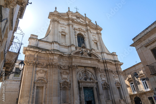 LECCE, Puglia ,Italy - May 2, 2019: Facade of Ancient Baroque church Santa Irene in historical center in the old town. A region of Apulia. Ancient Baroque church, sant Irene facade, Lecce , Italy