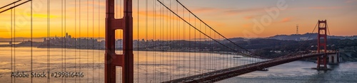 Panoramic of San Francisco California through Golden Gate Bridge at Sunrise