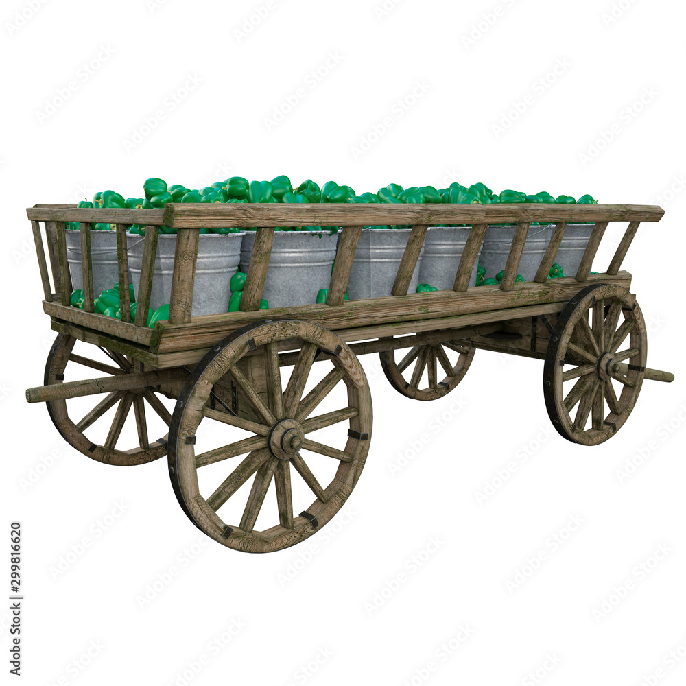Green pepper in a wooden cart